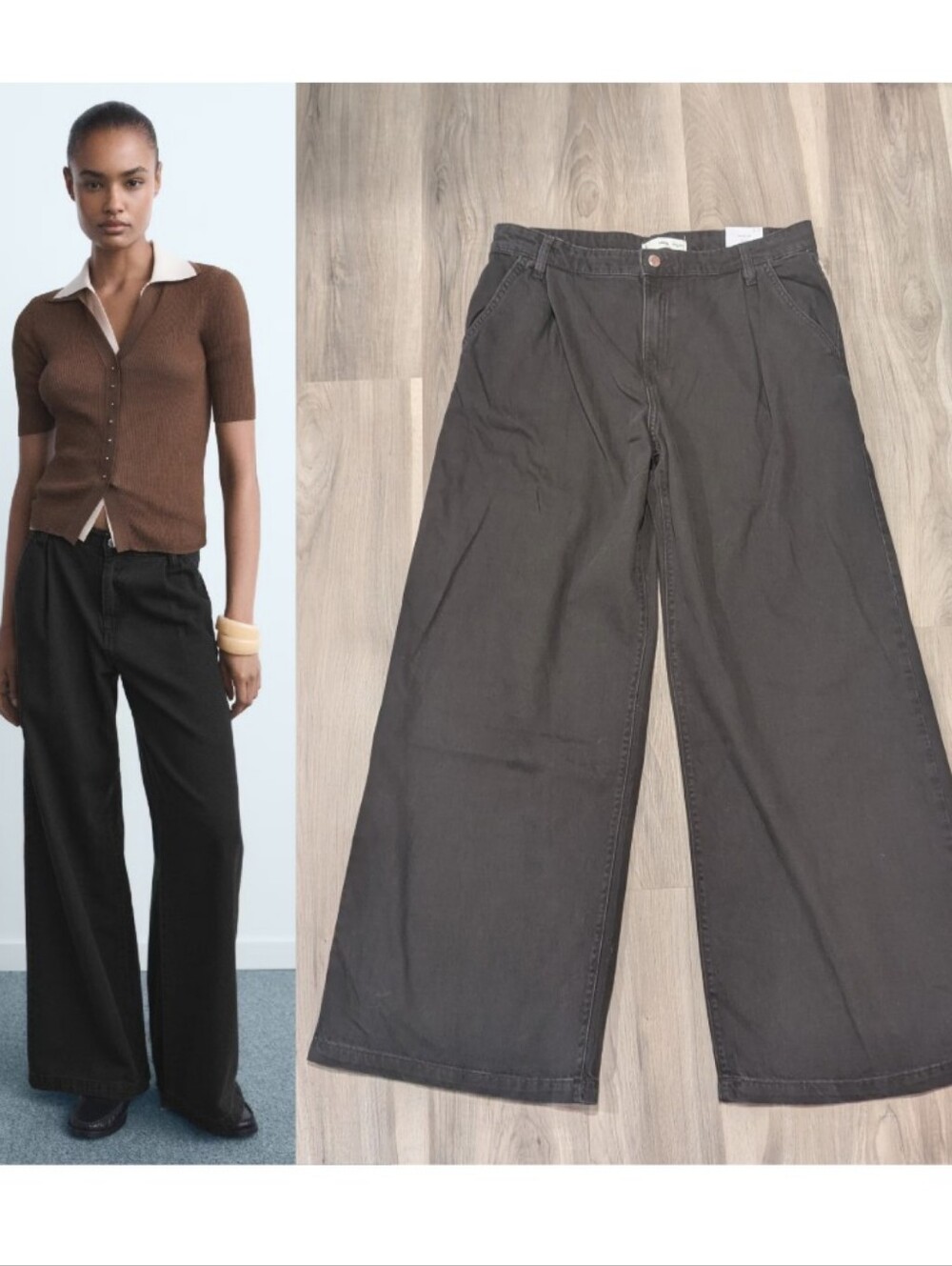 Mango | Wide Leg Pleated Jeans In Washed Black Denim